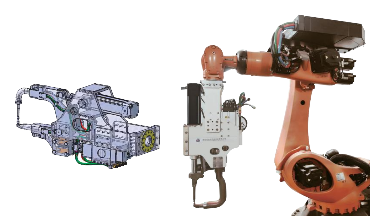 Robotic spot welding gun used in automotive body-in-white assembly