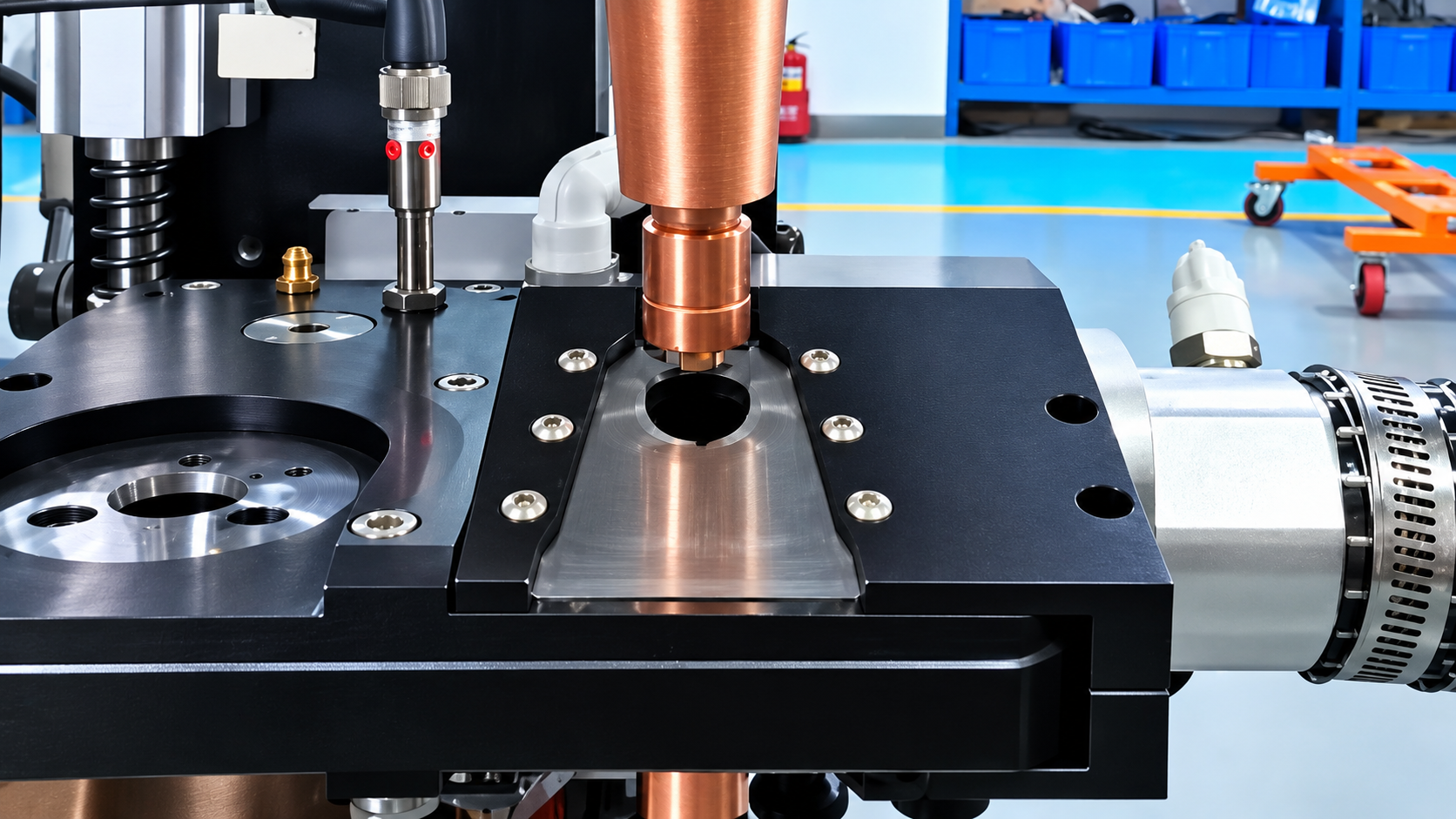 Rotary cutter dressing a resistance spot welding electrode cap to restore its face geometry.